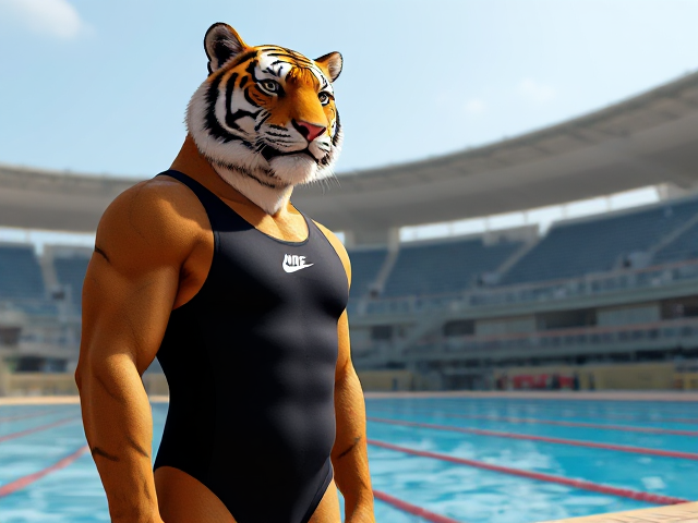 A tall and lean anthropomorphic tiger with a long torso and broad shoulders, wearing a high-cut Nike one piece swimsuit, while standing next to a Olympic swimming pool