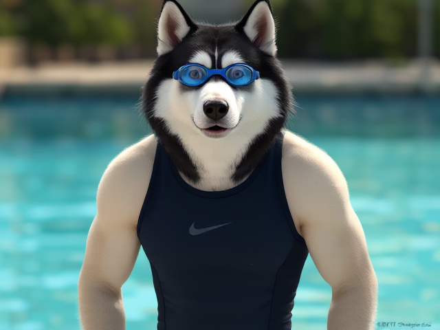 A anthropomorphic Alaskan malamute with a long torso wearing a Nike one piece swimsuit and swimming goggles