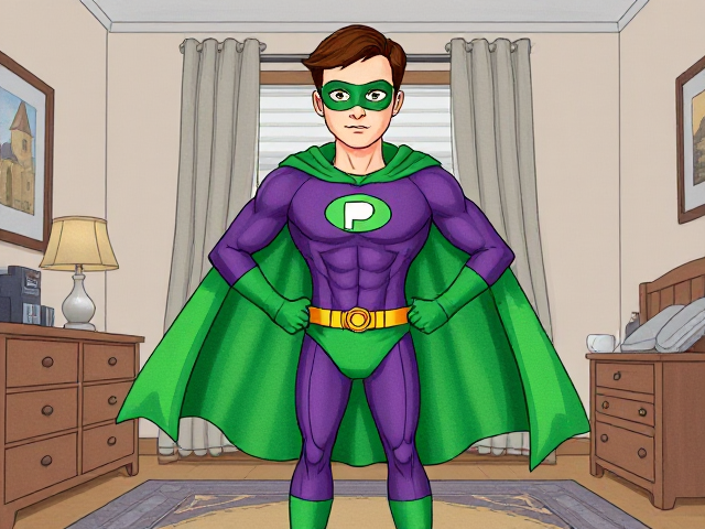 Cartoon scene: A young, Autistic 25-year old boy with light skin and flat, smooth, and slick brown hair named T.J. Granger, but transformed into a genetically-altered superhero named Powerman, who, despite still being a young adult kid, has an extremely muscular body. He wears a sleek purple suit with a green P symbol on his chest, a gold belt with a circular buckle, green briefs, green boots, green long-cuffed gloves, a really big, toe-length long, ultra-wide green cape wreathed around his neck, and a green eye mask that protects his true identity. He also has incredible and invincible superpowers flowing through his veins. In this scene, Powerman is currently standing in his bedroom, taking a moment to truly admire his new appearance and identity.