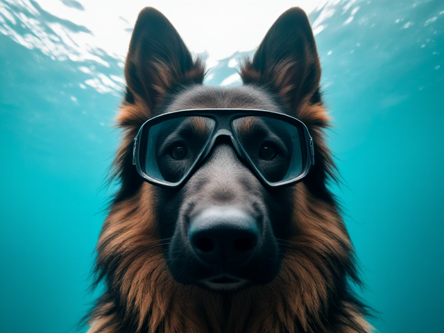Long haired German shepherd freediving goggles