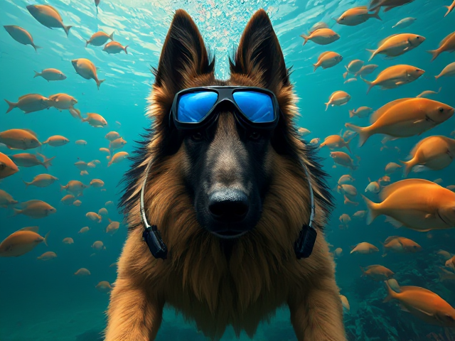A tall anthropomorphic long haired German shepherd Freediving while wearing Freediving goggles, surrounded by fish