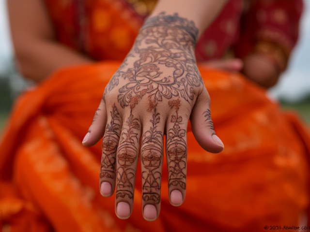 Henna on an Indian woman's hand, background her lap