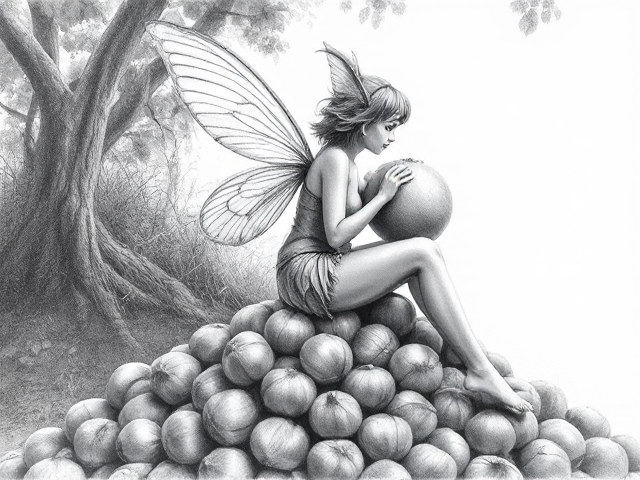 Side profile, Hazelnut garden Fairy sitting on a pile of unshelled hazelnuts, holding a large sphere