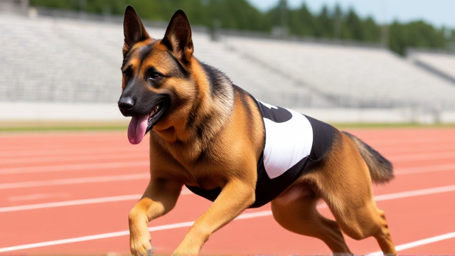 Anthropomorphic German shepherd, muscular build, wearing a sleek racing swimsuit, vibrant colors, dynamic pose, in action on a race track, sunny day