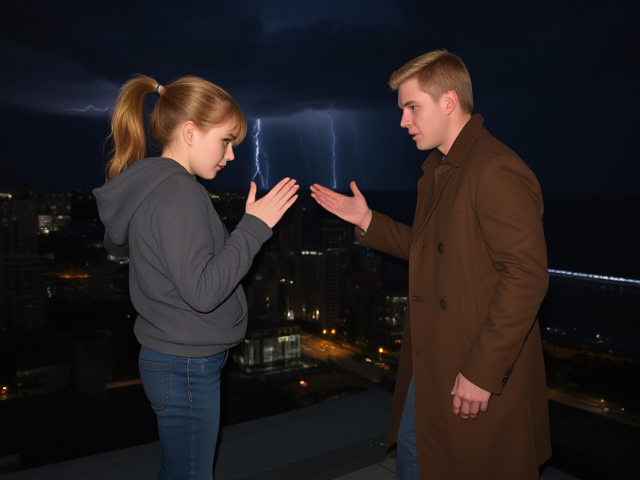 A petite 13-year-old girl with strawberry blonde hair in a ponytail, wearing a hooded pullover and jeans, is standing on the roof ledge of a night club. Next to her on the roof, standing nearby is a modern-day, pale skinned vampire in his late twenties, with blonde hair, dressed in a brown trench coat and jeans. He appears uneasy as he looks at her, holding his hands out and palms up, taking a step back. The girl gestures angrily at him with her hands, flailing her arms and scowling angrily at him in frustration. A thunderstorm approaches the cityscape from the sea shore. Set at night. The girl has a cut in her forehead.