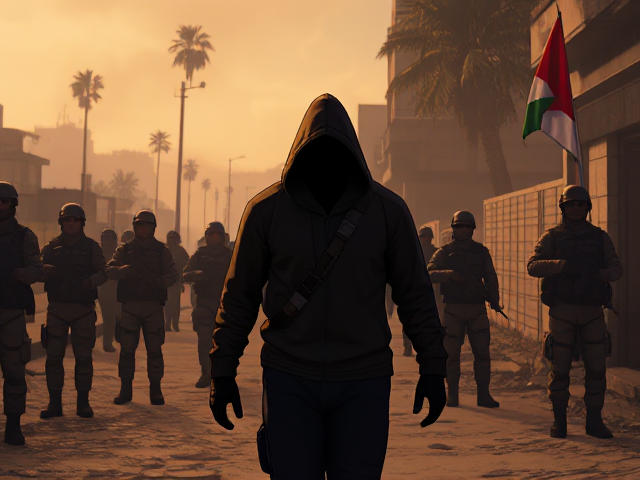 A hooded figure walking infront of enemy soldiers in Palestine Image in the art style of the video game Until Dawn.