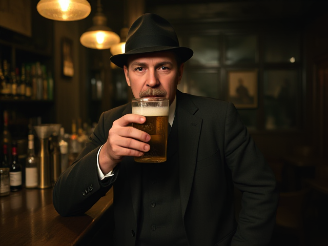 Realistic 1913 photo of a 55 year old, skinny German man, moustache, rounded bowler derby hat, wearing suit, standing at the end of a dark wood bar drinking a mug of beer in an old darkened saloon at night.