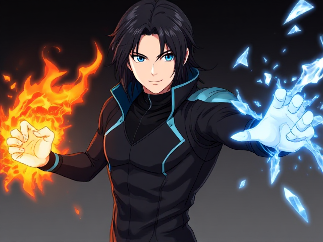 Young adult male with long black hair to medium, wearing sleek futuristic style clothing. He displays special powers: his right arm is projecting icy shards while his left arm emits fiery flames. His eyes are distinct, with the left eye being a vivid blue and the right eye a striking red. Anime style, highly detailed and dynamic action pose