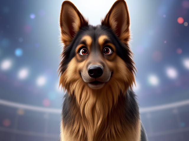 A tall anthropomorphic long haired German shepherd volleyball player