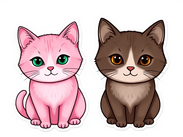 Deux. Dessins de chats mignons.
Premier chat : a le poil rose pétant et les yeux verts.
Deuxième chat : a le poil bruns foncé et les yeux bruns aussi.