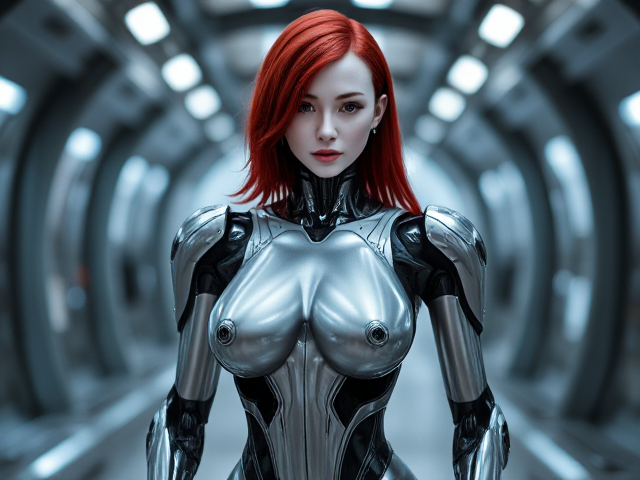 Futuristic female robot with sleek design, metallic skin, in a high-tech environment, red hair, full head hair, 
head, legs ,body, human face