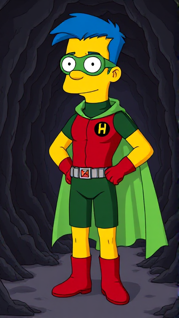 Cartoon scene: Milhouse Van Houten from The Simpsons, with his yellow skin, really big round nose, and blue hair that's slicked back and curled up at the top, but as a tall, 18-year old teenager, dressed as a parodied version of Robin, The Boy Wonder, with an extremely muscular body, wearing a dark green bodysuit with a red torso adorned with a small black circle with a light-green "H" symbol on his left pectoral, a silver utility belt with a red square buckle with silver pouches attached to it that hold all of his unique gadgets, red boots, red long-cuffed gloves, a really big, toe-length long, ultra-wide light-green cape wreathed around his neck held up by an inverted silver triangular button, and a light-green eye mask with optical lenses in it that protects his true identity, now known as Houseboy, The Nerd Wonder, the other half of Springfield's Dynamic Duo, and one of the greatest vigilante superheroes ever known in Springfield. In this scene, Houseboy is currently standing in a dark cavern, searching for a lost citizen that has been kidnapped.