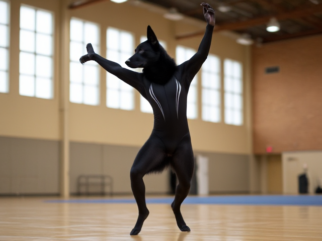 Anthropomorphic black German shepherd, wearing a gymnastics leotard, performing in a gymnasium, dynamic pose