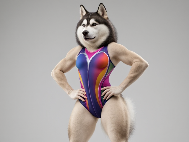 Anthropomorphic Alaskan malamute, strong hips, wearing a colorful gymnastics leotard, dynamic pose, detailed fur, athletic build