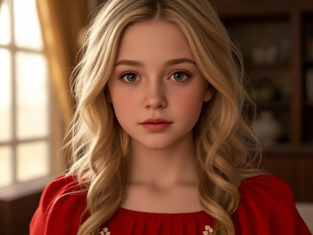 A girl about 19 with blonde hair and pale skin, wearing a red dress with gold beads and delicate flowers.