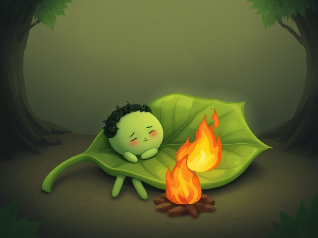 Leaf with two arms and two legs sleeping with a fire with two legs and two arms
