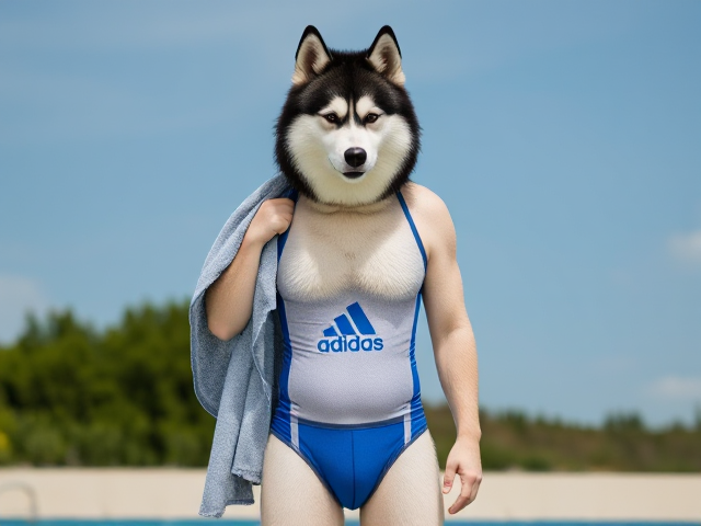 A tall anthropomorphic Siberian husky wearing an adidas swimsuit drying off with a towel