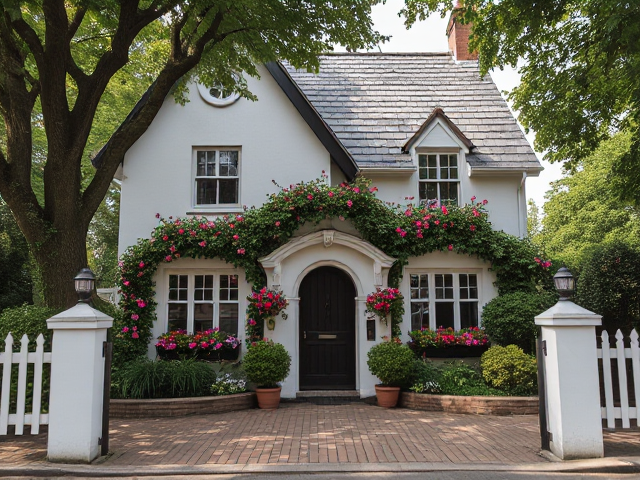 At the end of a tree-lined street stood a feminine cottage that looked like it had been plucked straight from a fairy tale. It was a two-story structure with white-painted walls and a steep, gabled roof covered in weathered slate tiles. Climbing roses framed the arched front door, and window boxes overflowed with colorful flowers. A wrought-iron gate opened onto a brick pathway.