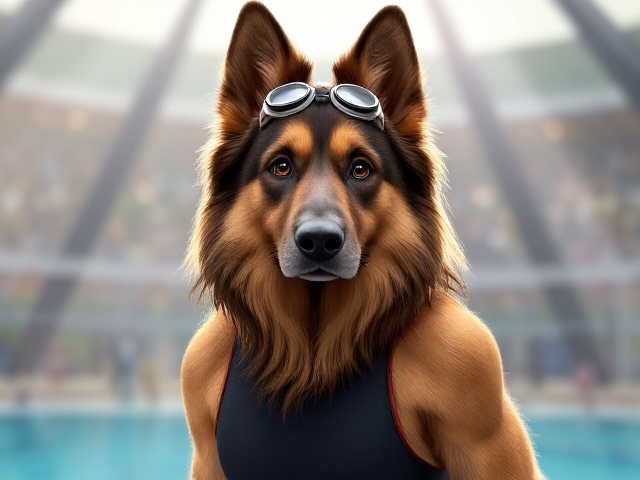 A tall anthropomorphic long haired German shepherd Olympic swimmer with a long torso, wearing a one piece swimsuit and swimming goggles