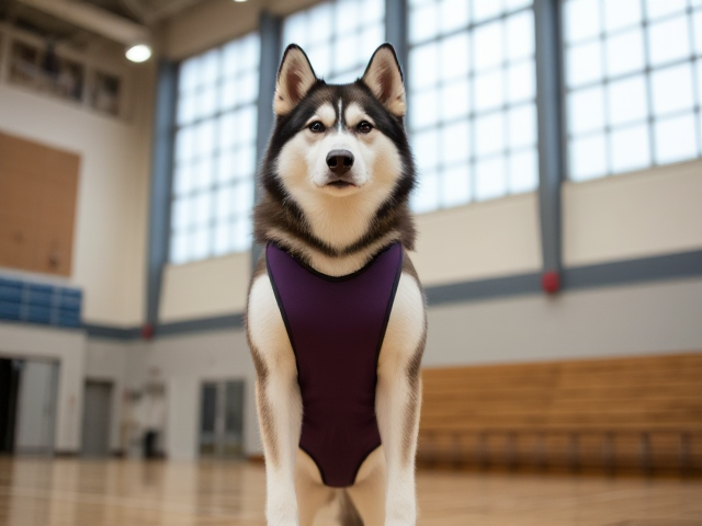 An Alaskan malamute wearing a gymnastics leotard in a gymnasium