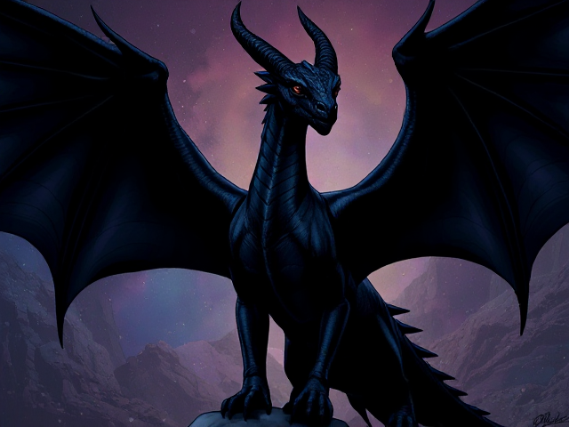 Darkstalker had ebony black scales and dark midnight-black wings, appearing as almost a pure NightWing except for a line of icy, white, silvery IceWing scales where his wings met his body, which Clearsight described to be cold when touched. He had one silver teardrop scale on the outward corner of each of his dark eyes, which indicated that he was a mind reader, and he had eyes that were as black as underground caverns. He had a narrow, handsome face, long, twisted horns, and was, after re-emerging from Agate Mountain, enormous, at least three times as tall as the largest living dragons. His huge wingspan was as wide as Agate Mountain, and he had a very long neck. He was handsome and powerfully built, with scales that felt as hard as armor due to his enchantment. He moved slowly and purposefully and spoke in a cavernous, booming, low rumble