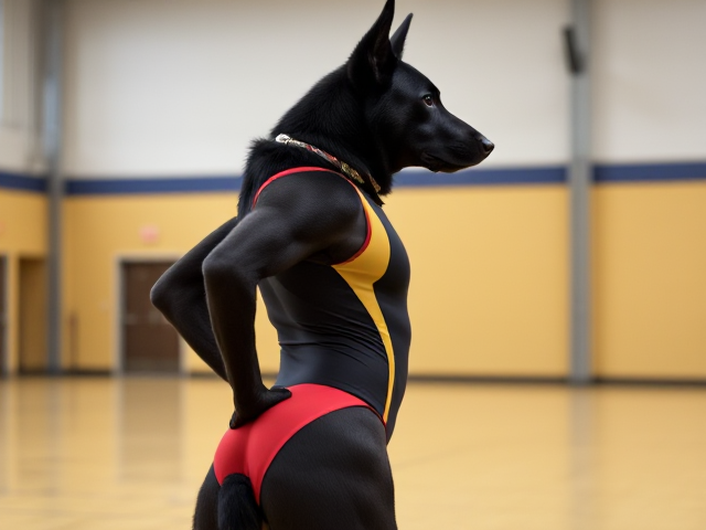 Anthropomorphic black German shepherd wearing a gymnastics leotard, posing with emphasis on its hips in a gymnasium setting, detailed and vibrant colors