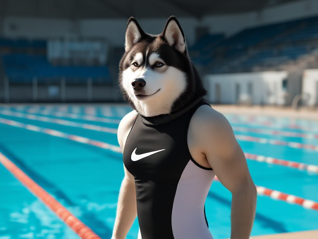 A anthropomorphic Alaskan malamute wearing a Nike one piece swimsuit while standing next to a Olympic sized swimming pool