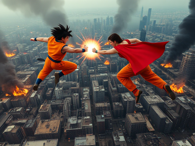 A strikingly realistic cinematic shot capturing a fierce battle between Goku and Supergirl. Soaring above a smoldering and devastated city, the superheroes engage in an intense aerial combat. Goku, wearing his iconic orange gi, unleashes a powerful energy blast, while Supergirl, clad in her classic costume, flies towards him with a fierce determination. The city below them lies in ruins, with buildings crumbling and smoke billowing, creating a palpable sense of destruction and chaos.
