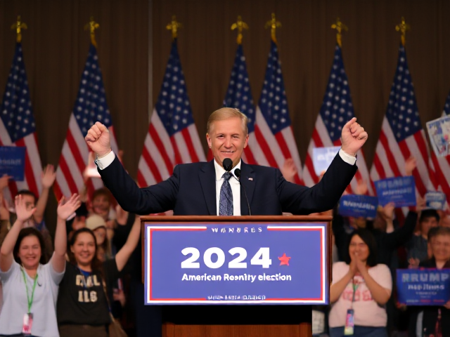 A confident and smiling politician standing at a podium with American flags in the background, celebrating their victory as the winner of the 2024 American election, surrounded by cheering supporters