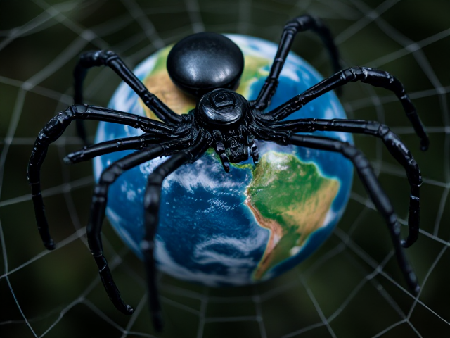 une araignee robot de métal noir avec tete humaine à la place de sa tete tissant sa toile autour du globe terrestre,  en allusion au Web. le globe sera en vue partielle et en gros plan