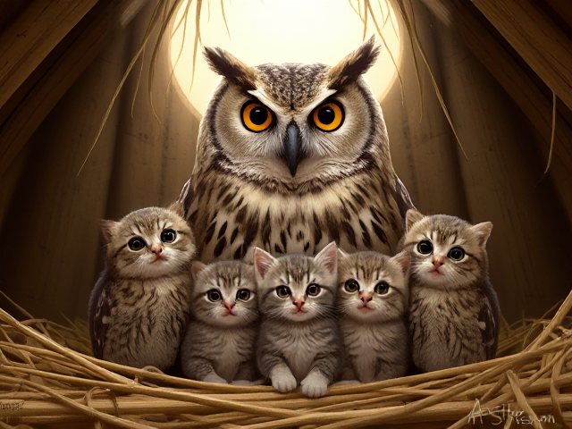Mother owl minding three owlets and one furry kitten ,located in a hay loft