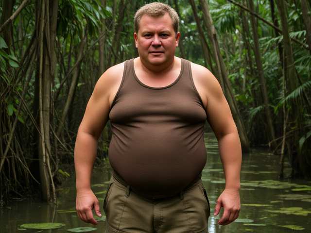 a middle-aged man with a sturdy, heavyset build, standing in a swampy jungle. His facial expression is now serious and focused, with no trace of the friendly smile seen before. His short, light brown hair, streaked with some grey, is slightly damp, likely from the humid environment. His broad face is accented by his rounded jawline and slightly flushed cheeks, reflecting the physicality of his surroundings.
He is wearing a sleeveless shirt that clings tightly to his torso, particularly around his chest and prominently rounded belly. The fabric stretches snugly over his midsection, outlining the distinct curve of his stomach, which protrudes noticeably outward. The tightness of the shirt emphasizes the weight he carries in his abdomen, drawing attention to its fullness and the slight tension at the seams around his sides. His broad shoulders and stocky arms are exposed, showing a blend of strength and softness.
He pairs this with sturdy workpants, which fit securely around his waist and slightly loose through the legs, designed for durability in rugged conditions. The pants are slightly muddied and damp at the hems, reflecting the swampy, humid terrain. The background is dense with tangled vines, tall trees, and patches of murky water, creating a humid and intense atmosphere. His stance is purposeful and steady, as if preparing for a physically demanding task or training session amidst the wild. The sweat on his brow and his resolute expression convey determination and focus.