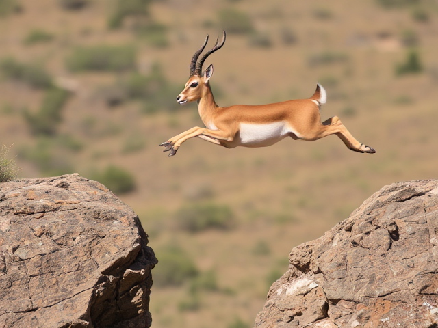 gazelle leaping over rocky gap