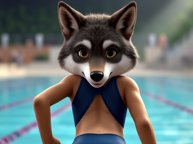 A wolf Olympic swimmer wearing a one piece swimsuit