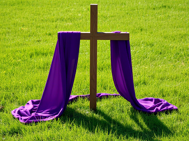 Wooden cross standing upright in a lush, green grass field with a rich purple fabric elegantly draped around it, casting gentle shadows