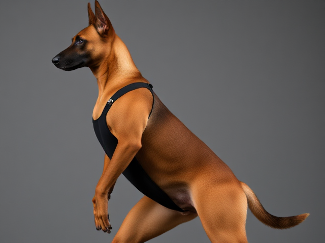 Anthropomorphic Belgian Malinois with strong hips, wearing a gymnastics leotard, dynamic pose, detailed fur, athletic build, vibrant colors