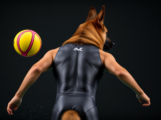 Anthropomorphic German shepherd with highly detailed fur, wearing a sleek modern water polo swimsuit, showcasing a strong and athletic physique in a dynamic action pose, utilizing vibrant colors with sharp focus throughout the image