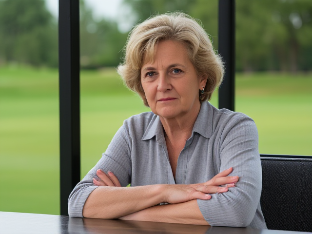 Crabby middle aged woman sits at a booth on a golf course