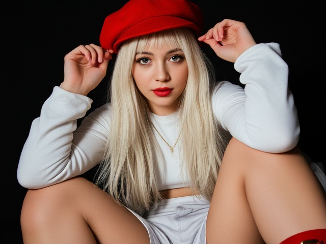 Sceencap of a 19 year old woman, with albino skin, with long straighr white hair, white lashes, white brows, red eyes, red lipstick, red newsboy hat, white long sleeve, oversized white camo cargo shorts, and chunky red buckle boots. Posing playfully