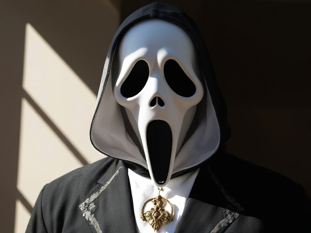 Ghostface costume, male, sunny
