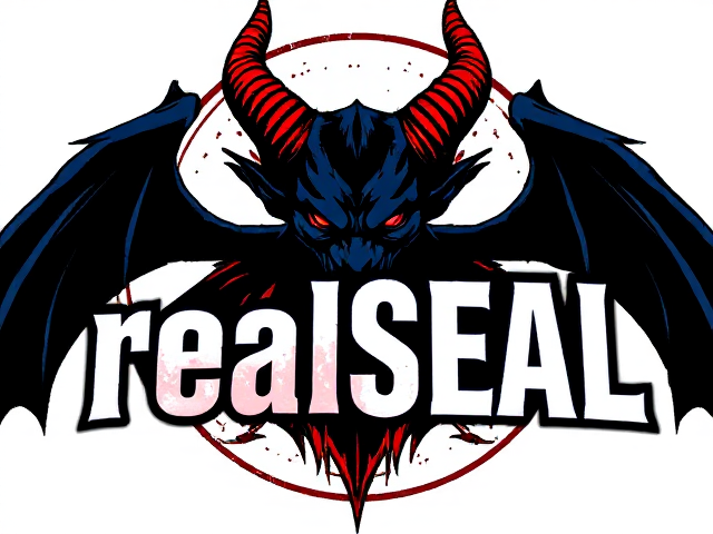 , text that says realSEAL in the middle with a demon or other mystical beings head above or behind it, color scheme: black, red, blue and white