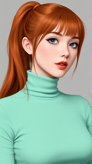 An anime-style medium shot of a girl with long, red hair tied back into a high ponytail. The lighting highlights the hair's rich, auburn tones. The girl is wearing a form-fitting, mint-green turtleneck sweater, which complements her fair skin. The material of the turtleneck is slightly shiny, suggesting a smooth, stretchy fabric. The makeup is striking, focusing on vivid blue eyeliner that accentuates her light-colored eyes. The vibrant orange-red lipstick contrasts elegantly with the makeup and outfit, drawing attention to the lips. The complexion is smooth and flawless, with a subtle, warm blush that enhances the natural contour of the cheeks. The background is a soft, neutral gray, which allows the warm colors of the subject to stand out prominently. The overall composition is balanced and harmonious, focusing mainly on the upper body of the subject, emphasizing elegance and modern style.