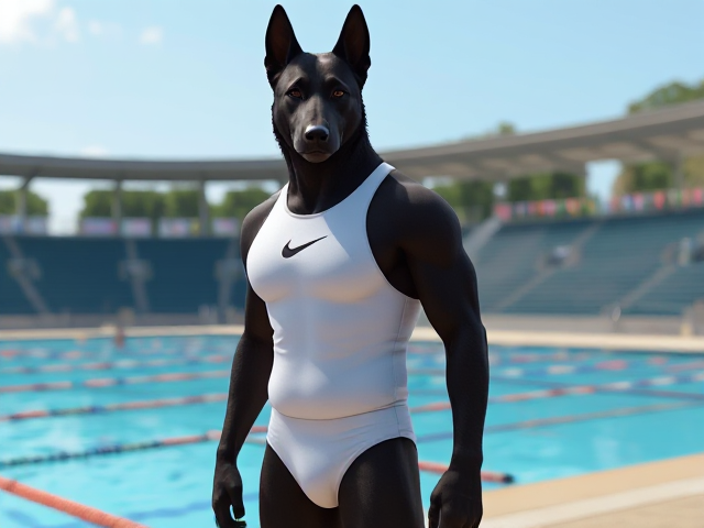 A tall and lean anthropomorphic black German shepherd with a long torso and broad shoulders, wearing a white Nike one piece swimsuit while standing next to a Olympic-Sized swimming pool
