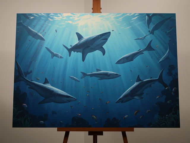Inside the ocean with sharks and little fishes, painting, on a stand with good lighting