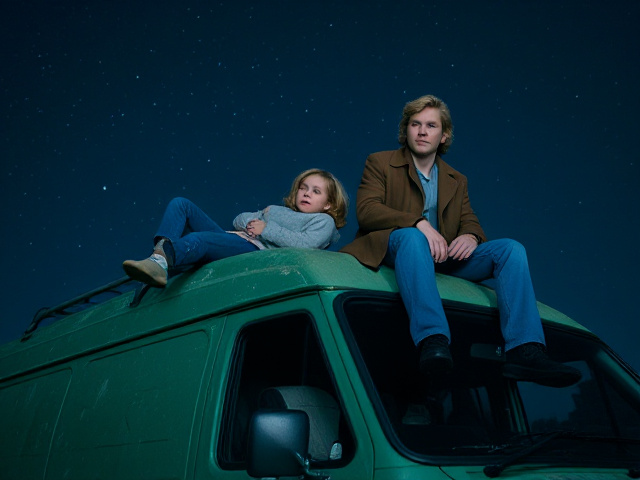 A petite 12-year-old girl with strawberry blonde hair, wearing a cozy pullover and jeans, is lying on the roof of a weathered green 1987 Chevy van. She is on her back, gazing up at the night sky filled with stars. Next to her on the roof of the van, sits a modern-day vampire in his late twenties, with striking blonde hair, dressed in a brown trench coat and jeans. He appears uneasy as he looks downward