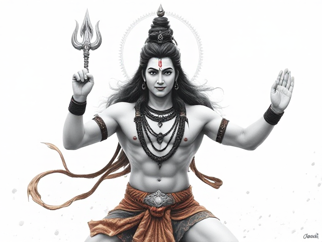 lord shiva muscular realistic  with trishul dancing image drawing white color