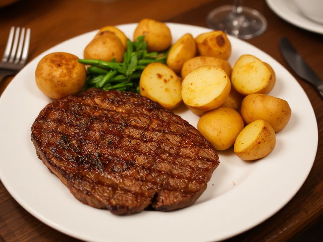 Show me a nice meal with roasted potatoes and sirloin steak