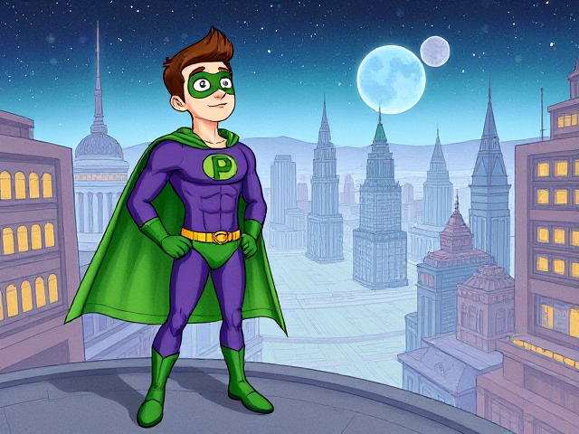 Modern Cartoon scene: A young, Autistic 25-year old boy with light skin and flat, smooth, and slick brown hair named T.J. Granger, but transformed into a genetically-altered superhero named Powerman, who, despite still being a young adult kid, has an extremely muscular body. He wears a sleek purple suit with a green P symbol on his chest, a gold belt with a circular buckle, green briefs, green boots, green long-cuffed gloves, a really big, toe-length long, ultra-wide green cape wreathed around his neck, and a green eye mask that protects his true identity. He also has incredible and invincible superpowers flowing through his veins. In this scene, Powerman is currently standing in the alien city on his masters' home planet of Zantal, where he looks up to the cosmic skies, sensing that something is wrong, and he knows he must investigate.