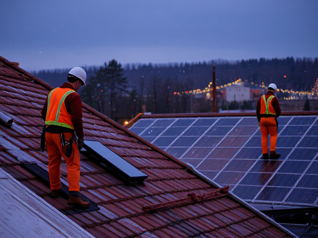 genere moi une image aux couleurs de noel ou je peux y voir des ouvriers du batiment dont un couvreur et une personne travaillant sur un chantier de panneaux solaires habillé avec un pantalon de travail carpenter
