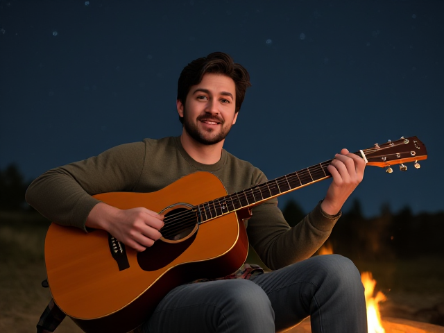 A rugged, yet charming man in his mid-30s is sitting by a campfire, strumming a guitar under the starry night sky. His dark hair is slightly messy, and his face has a rugged, outdoorsy appeal with a few days of stubble. He’s dressed in a snug, olive-green Henley shirt and worn jeans, with a flannel shirt tied around his waist. His brown eyes reflect the flickering firelight as he looks up at the viewer with a relaxed smile. The warm glow of the fire adds to the cozy, intimate vibe of the scene.
